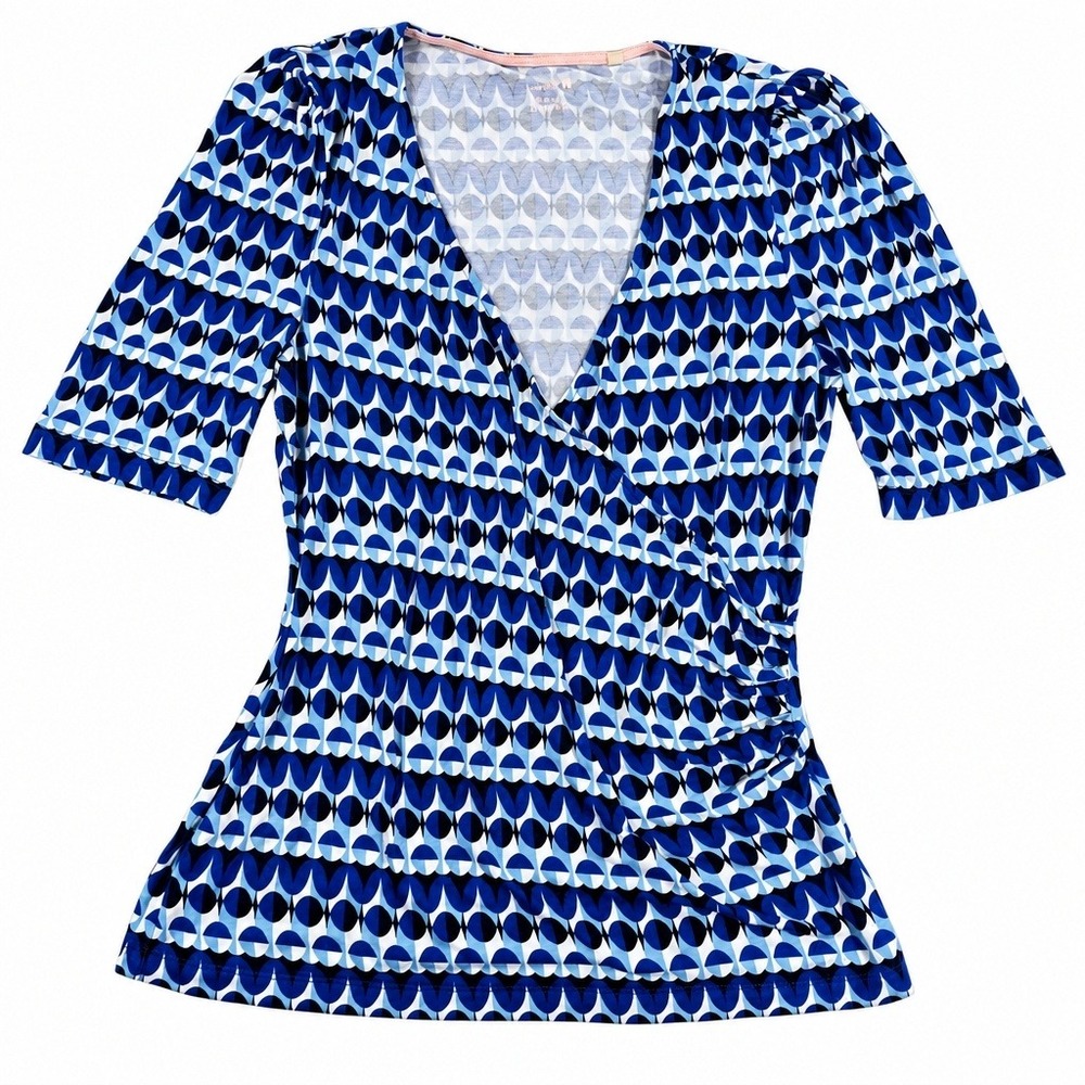 Boden Geometric Faux Wrap Top Blue 8 Womens T1547 Sustainable Viscose V-Neck